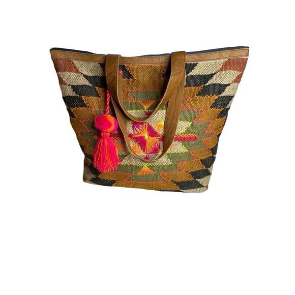 Panache Women's Handwoven Jute Embroidered Leather Tote Bag - Picture 2 of 10